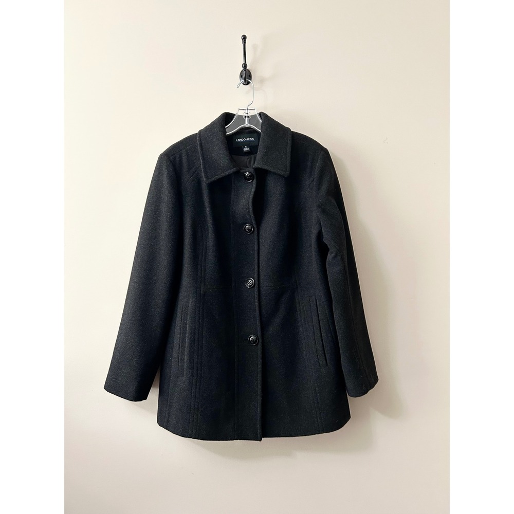 London Fog Womens Charcoal Gray Wool Blend Button Front Pea Coat Jacket Size XL